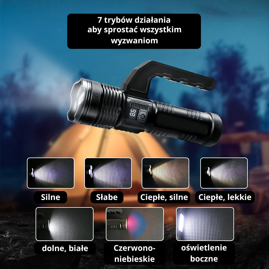 Przenośna latarka kempingowa z zoomem i bocznym światłem COB