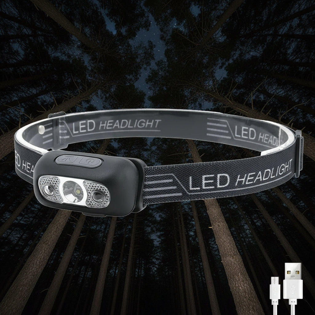 Mini latarka czołowa z akumulatorem USB i czujnikiem fal