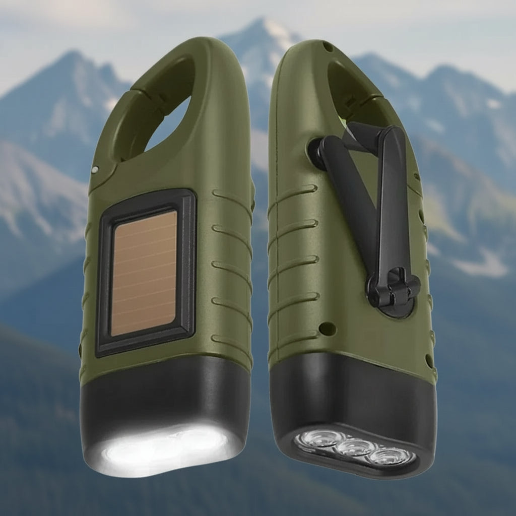 Survivalowa latarka LED z korbką ręczną zasilana energią słoneczną