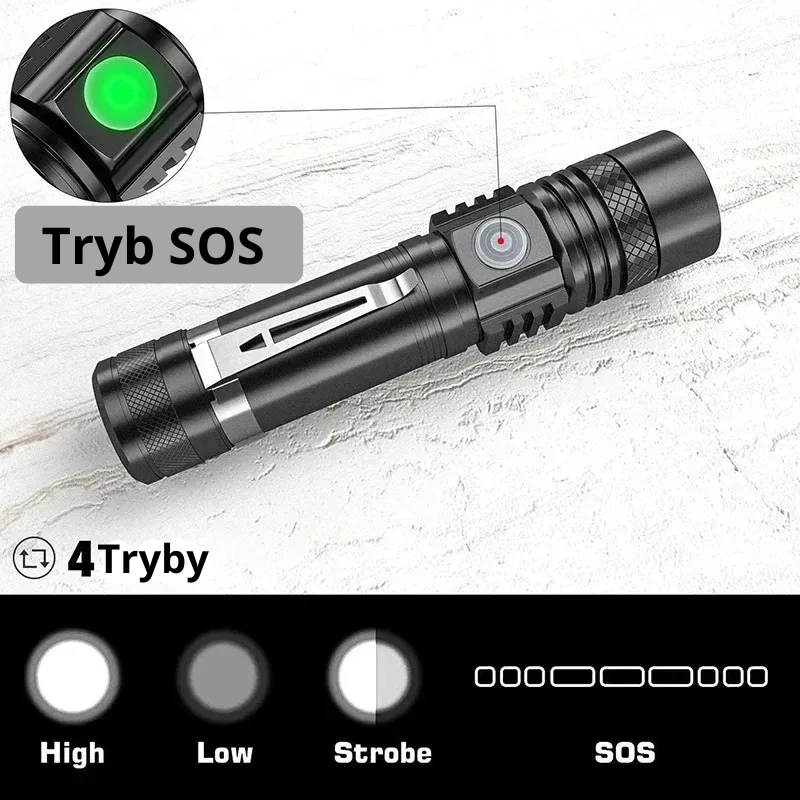 Latarka kempingowa LED o dużej mocy, z funkcją zoomu i 4 trybami świecenia