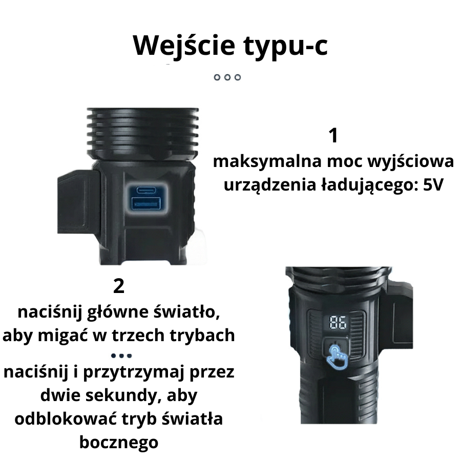 Przenośna latarka kempingowa z zoomem i bocznym światłem COB