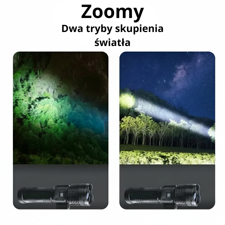 Przenośna latarka kempingowa z zoomem i bocznym światłem COB